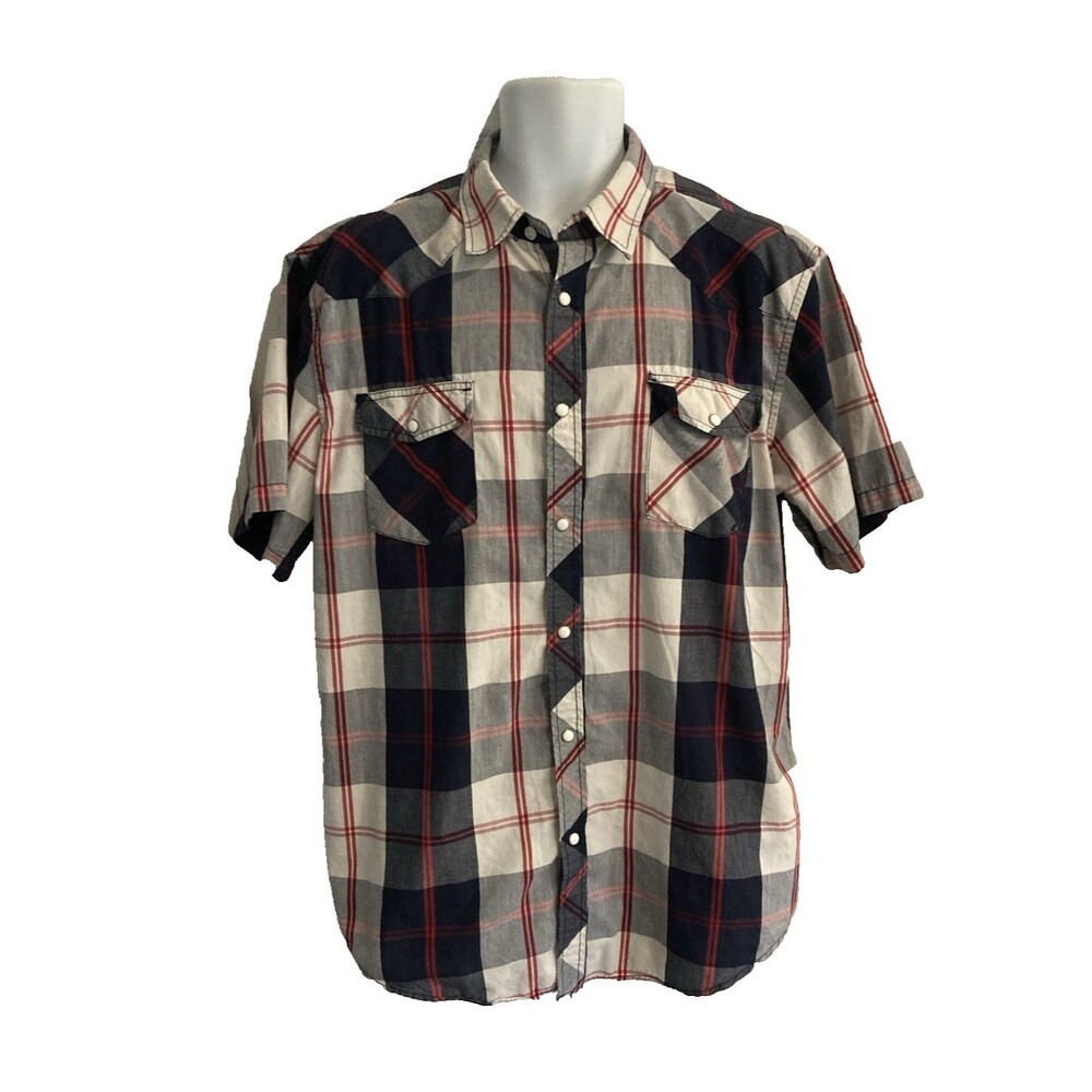 Coastal Mens Shirt Short Sleeve Western Pearl Snap Size XL Grey Black Red Plaid